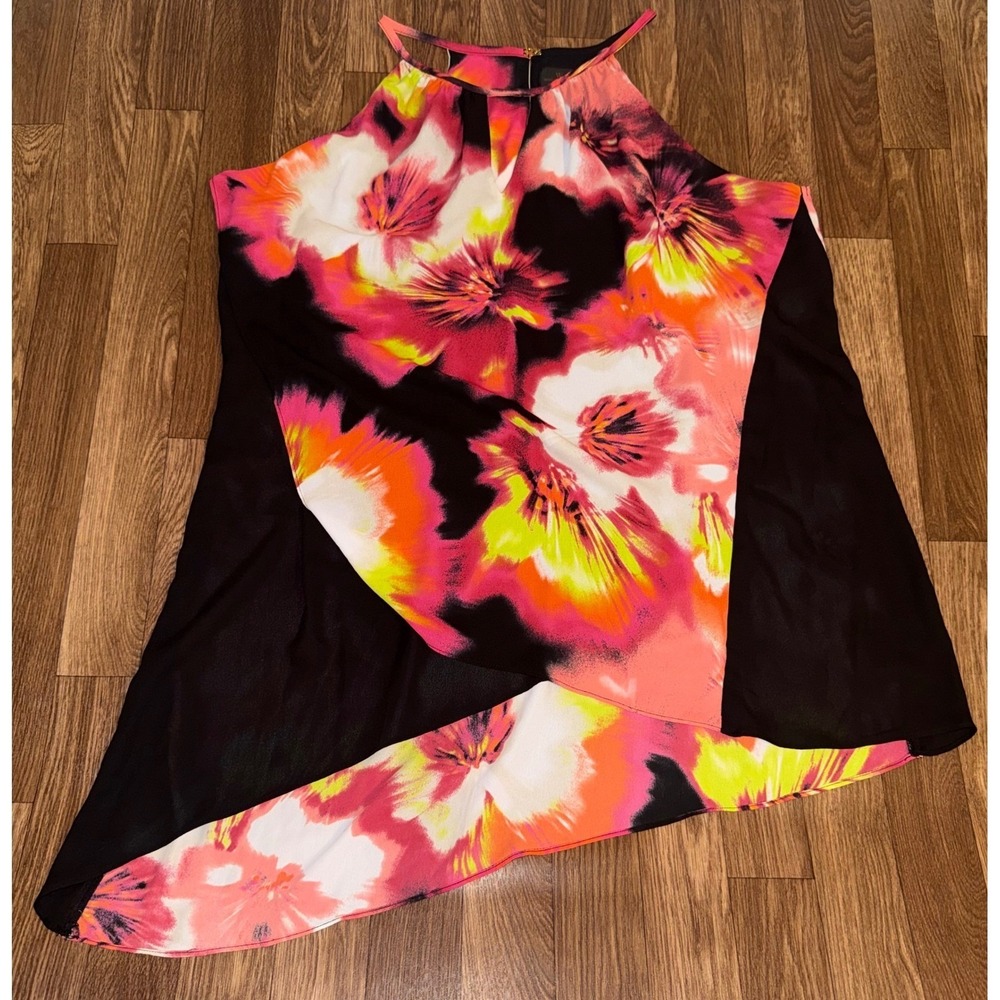 Worthington Woman 1X Floral Halter Top Pink Orange Black Asymmetrical Hem Blouse - Picture 2 of 6